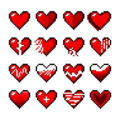 Poster - Set of pixel hearts. Icons of romance and friendship. Retro 8 bit abstract love symbols. A broken heart. Vector illustration