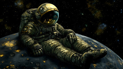 Wall Mural - astronaut sitting on a planet, space, galaxy, stars, planets, universe