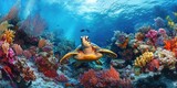 A turtle resides within a colorful coral reef ecosystem, surrounded by the vivid marine life and beauty of the underwater world offered by this vibrant coral habitat.