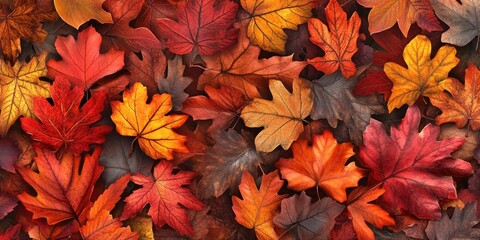 Canvas Print - A detailed view of fall leaves in the woodland captures the essence of autumn. This close up highlights the beauty of seasonal foliage in the forest.