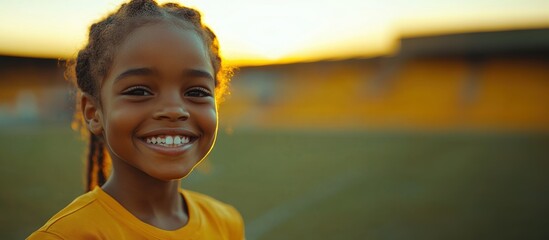 Portrait of young girl, child in yellow jersey standing on field against blurred empty stadium background.