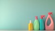 © Shapiere_Colections - A collection of colorful cleaning products arranged on a shelf against a light background.