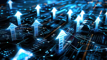 Aufkleber - Digital arrows indicate potential growth and progress in futuristic data landscape, showcasing technology and innovation. vibrant blue tones enhance dynamic feel of image