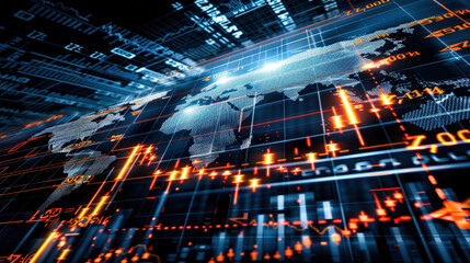 Aufkleber - Digital world map with financial data and stock market trends displayed, showcasing potential growth and investment opportunities