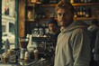 © neatlynatly - A cheerful young male coffee shop owner stands behind the counter, wearing a hoodie. The cozy cafe has a warm, inviting atmosphere.