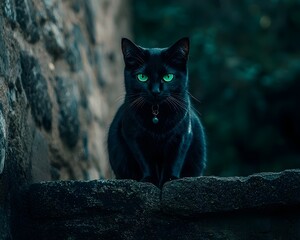 Wall Mural - Captivating Black Cat with Glowing Green Eyes Sitting on Stone Wall in Mysterious Dark Backdrop