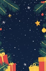 Poster - Festive Christmas Background with Gifts and Pine Branches on Starry Night : Generative AI