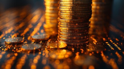 Aufkleber - Stacks of gleaming golden coins stand tall against a blurred background of shimmering light, representing investment and wealth accumulation in finance.
