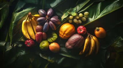 A vibrant arrangement of Thai fruits on banana leaves,