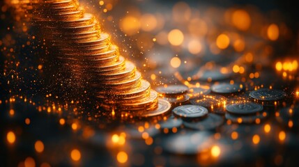 Fototapete - Golden coins tower in a dazzling display, illuminated by soft light, creating a warm ambiance that symbolizes prosperity and wealth at dusk.