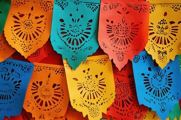 A Mexican fiesta with decorations in bright colors and traditional papel picado banners