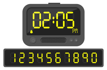 Poster - Digital clock yellow numbers. Electronic alarm watch display. Glowing screen retro design. Electric light font. Neon pm symbols. Chronometer countdown typeset. Vector timepiece icons set