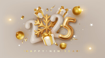 Wall Mural - 2025 number with golden snowflake and gift boxes . Happy New Year and Merry Christmas 2025. Greeting card. Vector realistic 3d