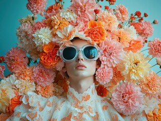 A person wearing large sunglasses is surrounded by an elaborate arrangement of colorful flowers, creating a vibrant and surreal scene.