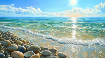 Sticker - Serene Beach Scene with Calm Waves and Shiny Pebbles