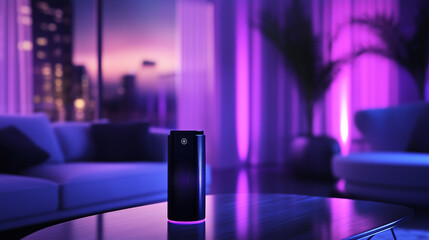 A voice-activated virtual assistant in a living room scene, connected to smart lighting, entertainment systems, and security, all displayed on a smartphone interface, symbolizing t