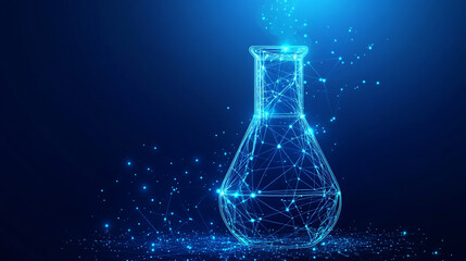 Poster - Erlenmeyer flask taking shape from particles against a blue backdrop, representing science and technology