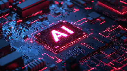 Leinwandbilder - Up-close look at a circuit board with a glowing ai chip, representing the capabilities and promise of artificial intelligence