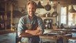 © neatlynatly - A smiling builder stands confidently in a rustic kitchen, wearing a tool belt and apron, surrounded by warm lighting and wooden elements.
