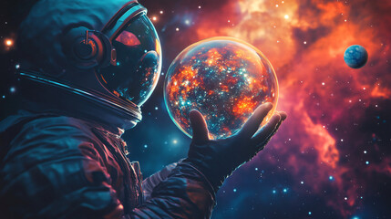 Poster - Astronaut holding a miniature planet with a vibrant nebula in the backdrop