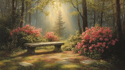 Sticker - serene garden scene with stone bench and flowers