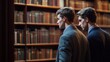 © SOUND OF RAIN - Two Men Pondering Books in a Library