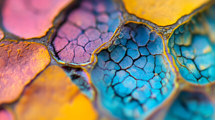 Poster - Close-up macro photo of cracked paint in vibrant colors, forming abstract pattern with rough texture and grunge feel. Beauty in damaged paint