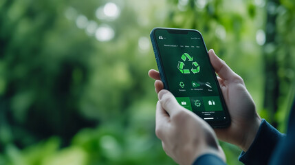 An app screen with a user-friendly dashboard highlights the environmental benefits of proper waste disposal, using engaging icons for paper, plastic, and glass recycling to motivat