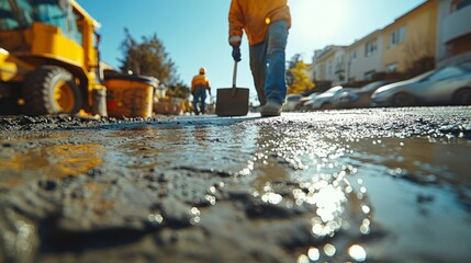 Poster - Construction workers in yellow jackets are filling in a street with asphalt, creating a smooth surface amid residential buildings under clear blue skies.