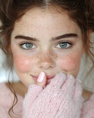 Wall Mural - Young girl with freckles and soft pink sweater smiling warmly