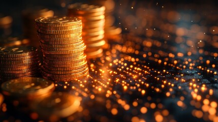 Aufkleber - A collection of shimmering gold coins is stacked together, surrounded by a backdrop of sparkling lights, evoking feelings of wealth and luxury. The dark setting enhances the glow.