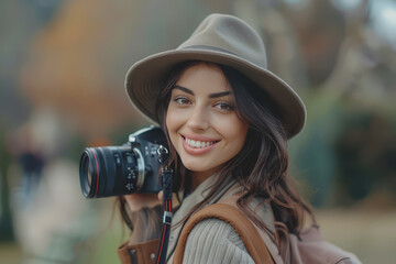 A young beautiful brunette girl in a hat smiling, taking pictures in the park.