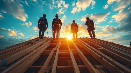 Poster - Five construction workers are silhouetted against a colorful sunset while standing on a wooden roof, with clouds scattered across the sky. The scene captures the end of a workday.