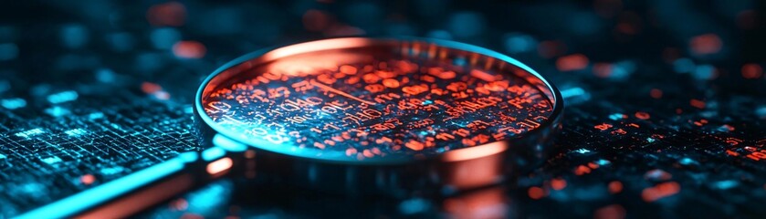 Poster - A close-up view of a magnifying glass on a textured surface, illuminated by vibrant blue and red lights, creating a dramatic effect.