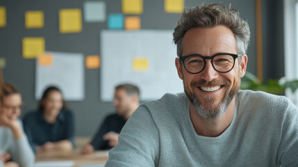 Smiling man with glasses in modern office setting, surrounded by colleagues engaged in discussion. atmosphere is collaborative and positive, reflecting teamwork and creativity