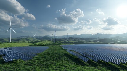 A serene landscape featuring wind turbines and solar panels, highlighting renewable energy sources.