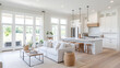 © VERTEX SPACE - A bright and airy modern living room featuring spacious kitchen with white cabinetry, large island, and stylish pendant lights. open layout invites natural light, creating warm and welcoming atmospher