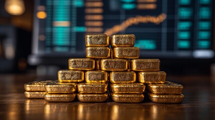 Aufkleber - A carefully arranged stack of shiny gold bars sits on a wooden table, while financial charts and stock market data glow in the background, reflecting a focus on wealth and investment strategies.