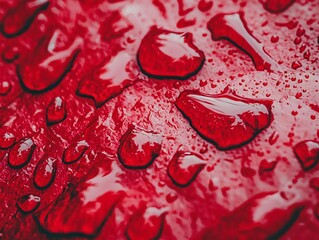 Poster - Close-up of vibrant red surface adorned with shiny water droplets, showcasing texture and color contrast in a stunning detail.