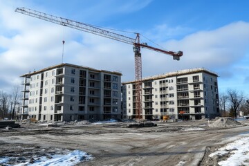 Modern construction site with tower crane and residential buildings under clear sky