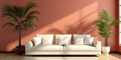 A minimalist living room with a white sofa and two potted plants against a warm coral wall with natural sunlight streaming in