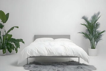 Bedding Set Image - A minimalist bedroom setting featuring a bed, plants, and a soft rug.