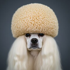 A dog with long hair and a fluffy hat, posing for a whimsical portrait.