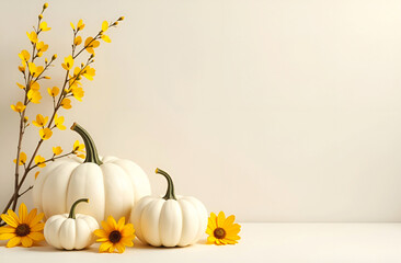 Wall Mural - thanksgiving background with white pumpkins and sunflowers on the light background with copy space o