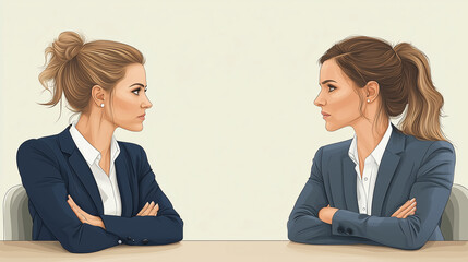 Two Women in Suits, Facing Off: An illustration depicting two women in professional attire, locked in a tense standoff, their expressions conveying a palpable tension and unspoken conflict.