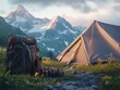 © shooreeq - Backpack and camping gear set up next to a tent with mountain view in the background