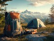 © shooreeq - Backpack and camping gear set up next to a tent with mountain view in the background