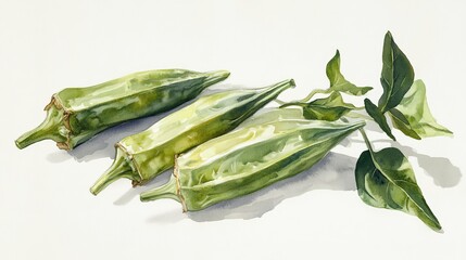 Wall Mural - Three vibrant green okra pods rest together, accompanied by a few glossy leaves, highlighting their texture and freshness against a light backdrop