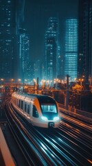 Poster - Modern train speeds through a vibrant cityscape, showcasing sleek transportation innovation