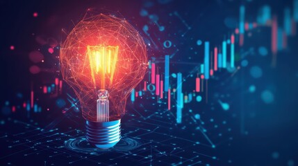 Vector illustration 3D low poly stock market candlestick inside a digital light bulb. Economics or finance Innovation concept. Stock market graph chart and lamp. Technological Vector illustration.